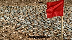 Μια κόκκινη σημαία, σημάδι κινδύνου, τοποθετείται από νάρκες που απομακρύνθηκαν από τον λιβυκό στρατό για να καταστραφούν αργότερα, κατά τη διάρκεια επιχείρησης για την εκκαθάριση πεδίου ναρκών κοντά στην ακτή και τα σύνορα