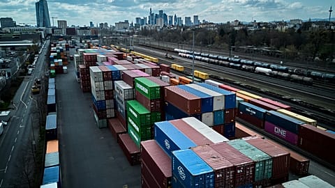 Containers are piled up at a cargo terminal in Frankfurt, Germany, Tuesday, April 1, 2025.