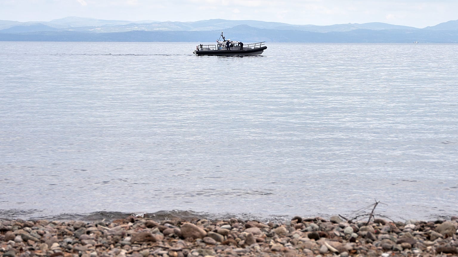 A Frontex vessel takes part in a search and rescue operation after a migrant boat capsized off Lesbos, 3 April, 2025