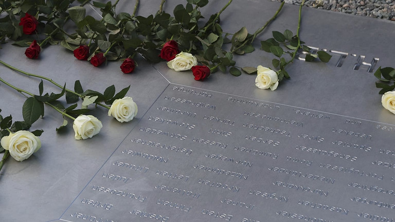 Λουλούδια σε αναμνηστική πλάκα του πρώην στρατοπέδου συγκέντρωσης Μπούχενβαλντ για την 80ή επέτειο της απελευθέρωσης του στρατοπέδου συγκέντρωσης Μπούχενβαλντ, 6 Απριλίου 2025.