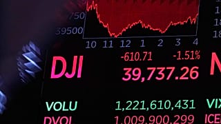 لوحة فوق قاعة التداول تظهر رقم الإغلاق لمؤشر داو جونز الصناعي في بورصة نيويورك، الجمعة، 2 أغسطس/آب 2024.