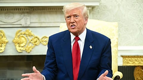 President Donald Trump speaks during a meeting with Israel's Prime Minister Benjamin Netanyahu in the Oval Office of the White House.