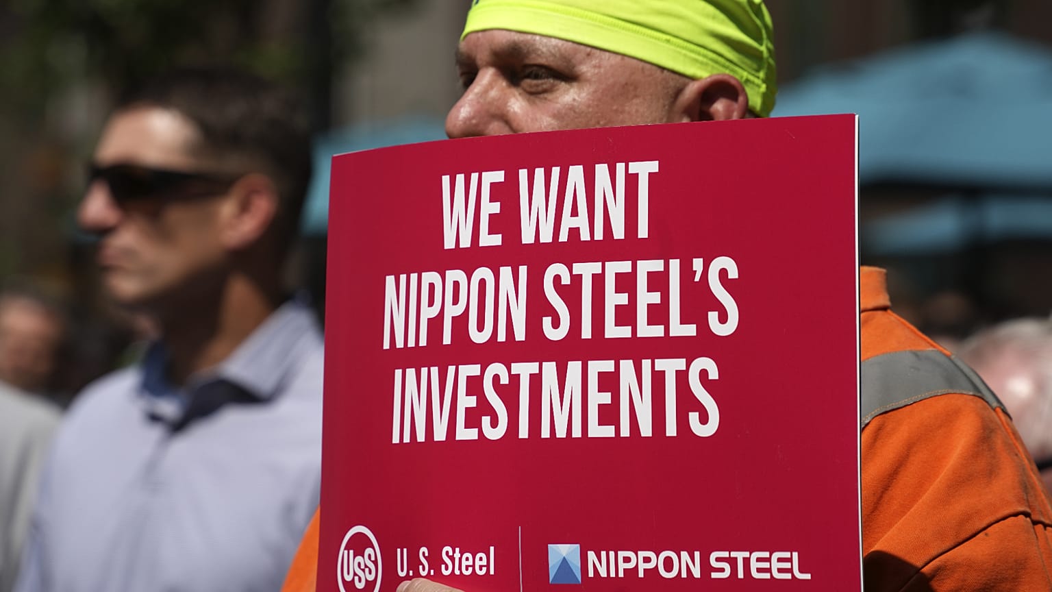A rally by US Steel employees is held outside the United Steel Tower in downtown Pittsburgh to display their support for the transaction with Nippon Steel. 4 September 2024.