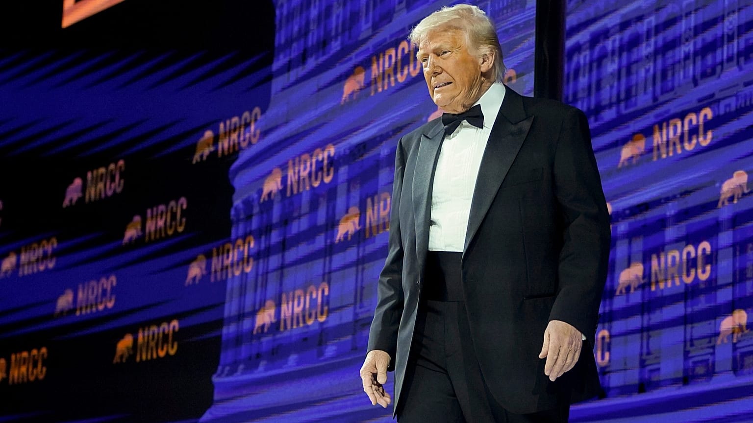President Donald Trump arrives to speak at the National Republican Congressional Committee (NRCC) dinner at the National Building Museum in Washington, Tuesday, April 8, 2025.