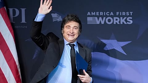 Argentina's President Javier Milei arrives to speak before President-elect Trump during an America First Policy Institute gala at his Mar-a-Lago estate. 14 November 2024.