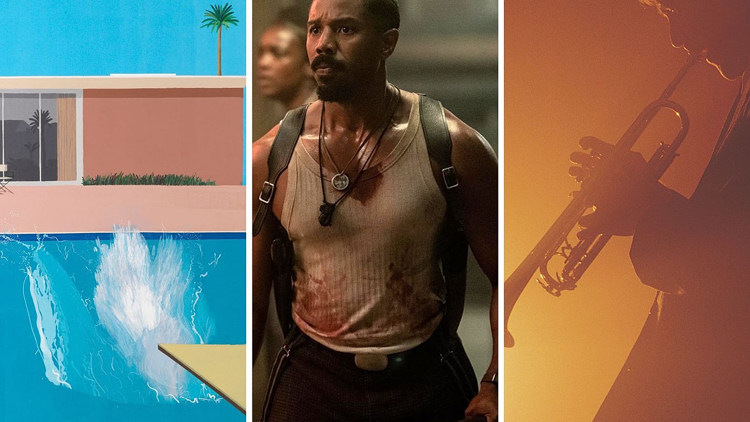 David Hockney "A Bigger Splash" 1967 ; Michael B. Jordan dans "Sinners" ; jazz