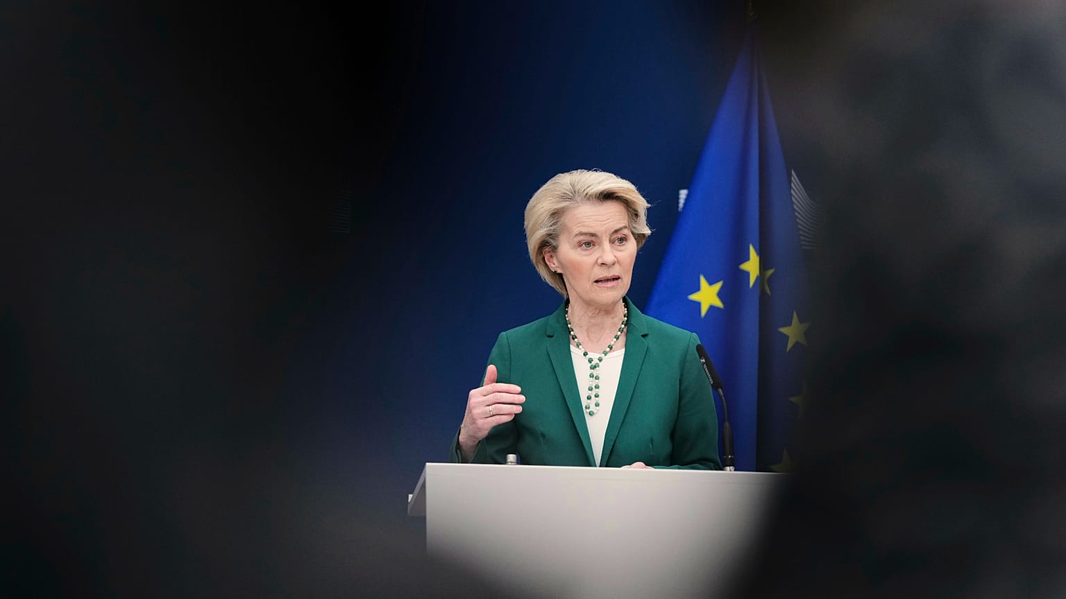 European Commission President Ursula von der Leyen addresses journalists during a media conference at EU headquarters in Brussels, 7 April, 2025