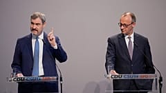 Markus Söder (CSU) und Friedrich Merz (CDU) stellen Koalitionsvertrag vor.