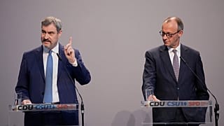 Markus Söder (CSU) e Friedrich Merz (CDU) apresentam o acordo de coligação.