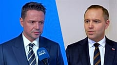 Rafał Trzaskowski (z lewej) kandydat Platformy Obywatelskiej na prezydenta oraz Karol Nawrocki (z prawej) kandydat obywatelski wspierany przez Prawo i Sprawiedliwość. 