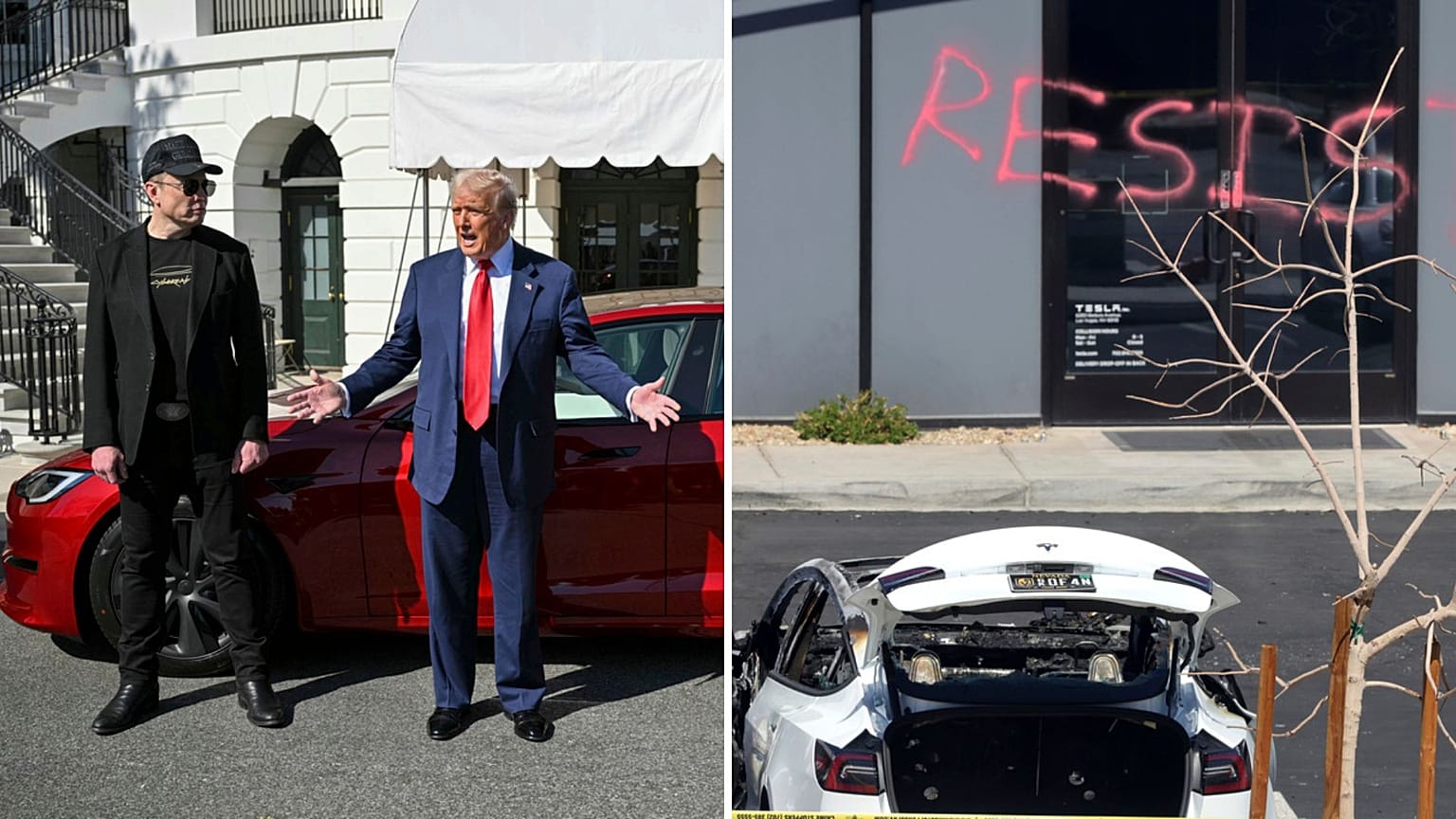 (1) Musk és Trump (2) az egyik rongálás helyszíne