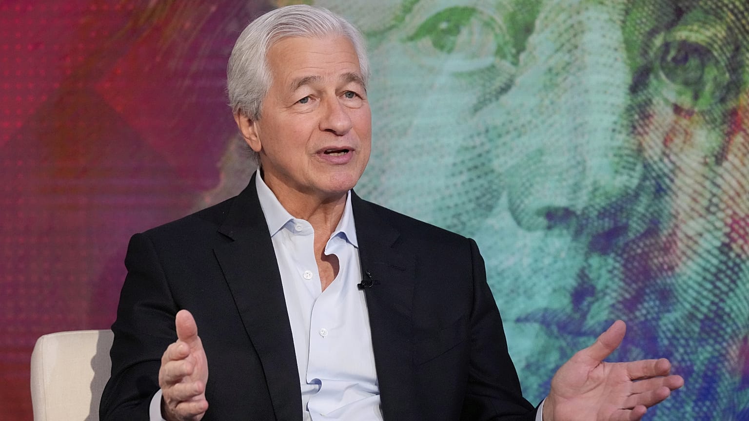 JPMorgan CEO Jamie Dimon is interviewed by Maria Bartiromo on the "Mornings with Maria Bartiromo" program, on the Fox Business Network, in New York. 9 April 2025.