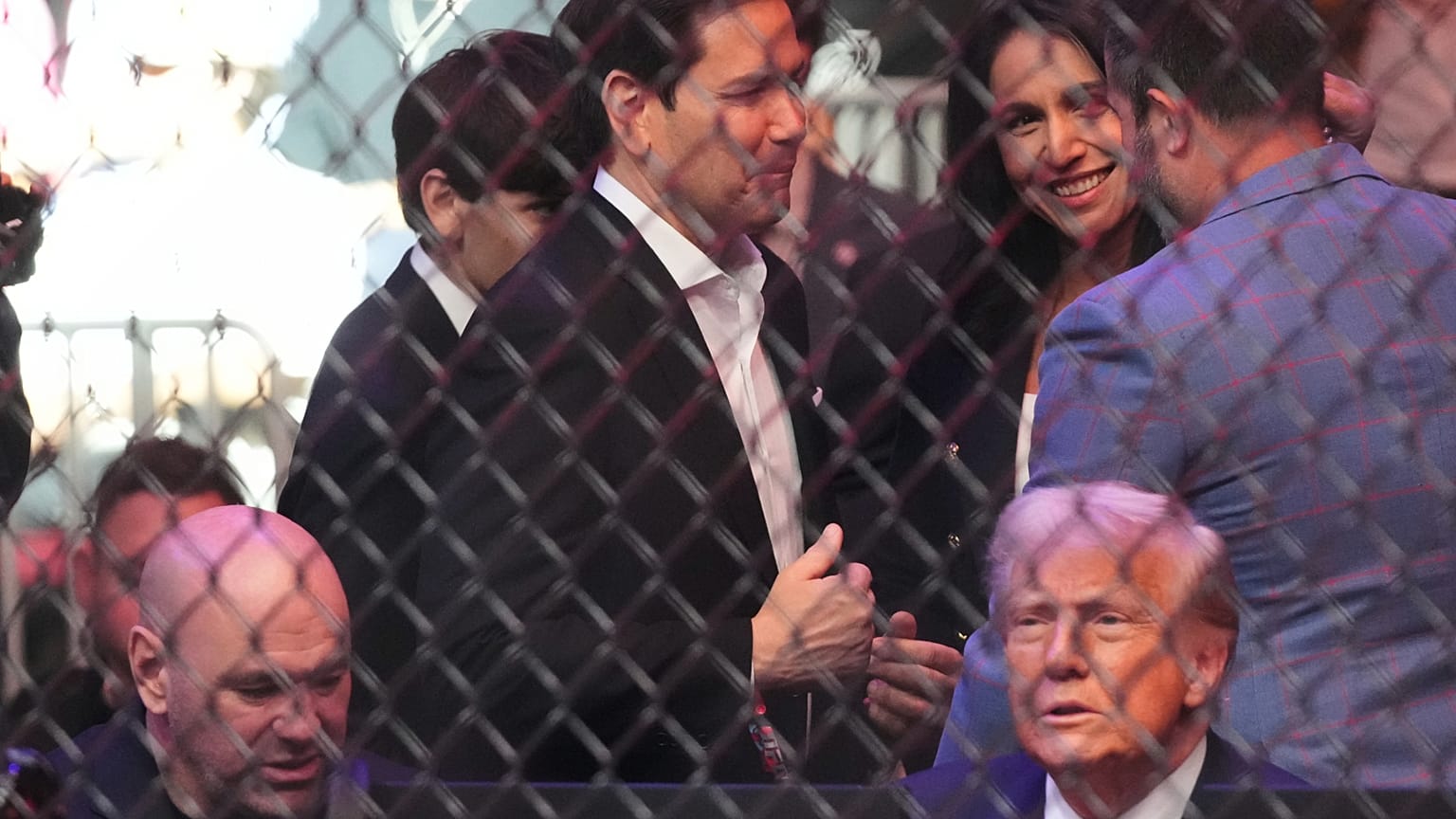الرئيس دونالد ترامب، يجلس إلى جانب الرئيس التنفيذي لـ UFC دانا وايت، خلال حضوره مباراة في فنون القتال المختلطة في UFC 314، السبت 12 أبريل 2025، في ميامي.