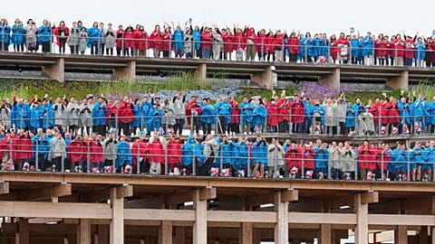 Participants sing Beethoven's "Ode to Joy" on the opening day of Osaka Expo 2025 in Osaka, western Japan, Sunday, April 13, 2025