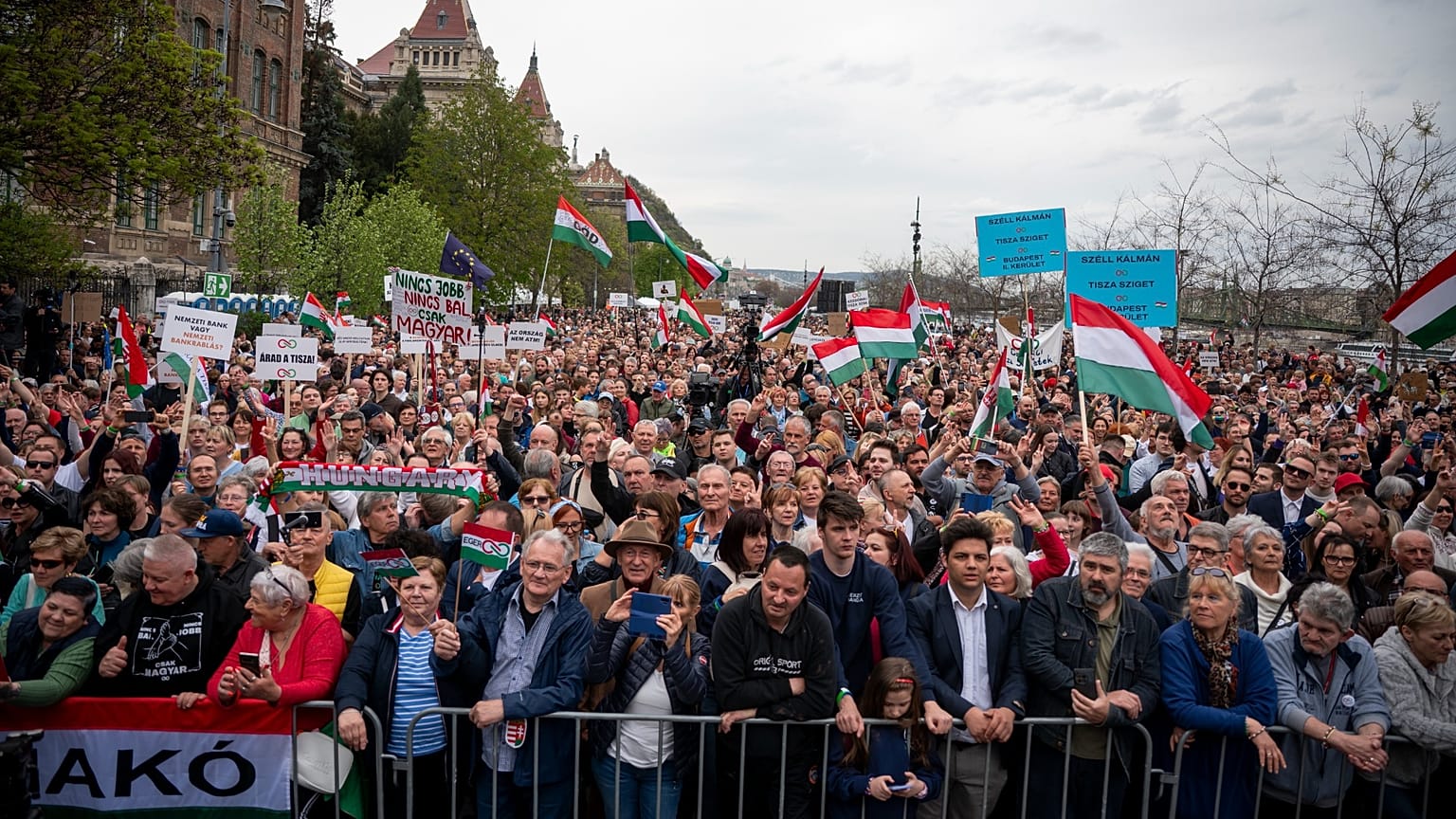 Supporters attend a rally for the Hungarian opposition Tisza Party in Budapest, 13 April 2025