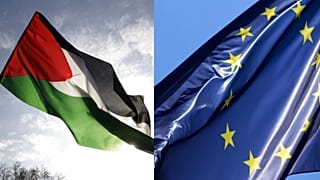 علم الاتحاد الأوروبي (يمين)، والعلم الفلسطيني (يسار).