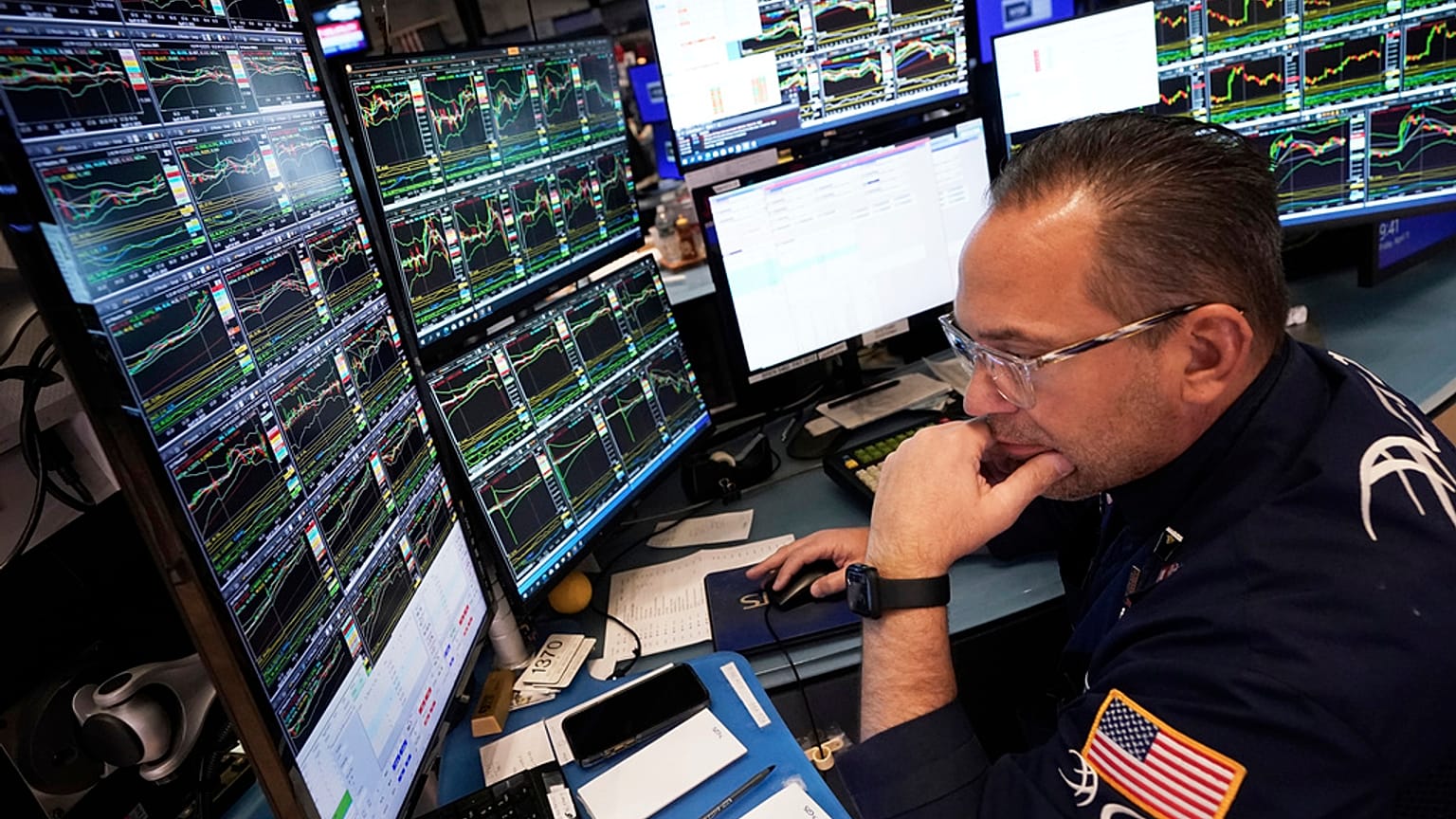 Specialist Anthony Matesic works at his post on the floor of the New York Stock Exchange, Friday, April 11, 2025.