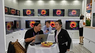 Television sets made by Guangzhou HD Electronics Technology Co. Ltd displayed at the 137th Canton Fair in Guangzhou, southern China's Guangdong province. 15 April 2025.