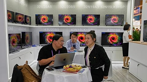 Television sets made by Guangzhou HD Electronics Technology Co. Ltd displayed at the 137th Canton Fair in Guangzhou, southern China's Guangdong province. 15 April 2025.