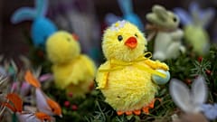 Ostersymbole werden am Palmsonntag vor der römisch-katholischen Kirche St. Franz von Assisi in Vilnius, Litauen, zum Verkauf angeboten, Sonntag, 13. April 2025. 