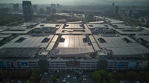 An arial view of a section of the sprawling Yiwu International Trade Market in Yiwu, eastern China's Zhejiang province, Thursday, April 10, 2025.