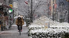 Una persona monta en bicicleta mientras cae la nieve en Tokio, el 6 de enero de 2022
