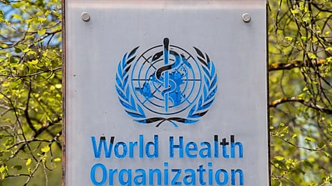 The World Health Organization signage is seen outside its headquarters in Geneva, Switzerland, 15 April 2020.