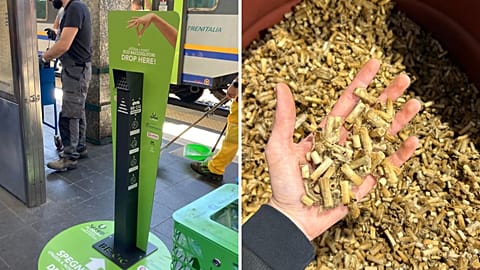 Un contenedor de cigarrillos Re-Cig en una estación de tren italiana, y colillas lavadas en la planta de reciclaje Re-Cig.