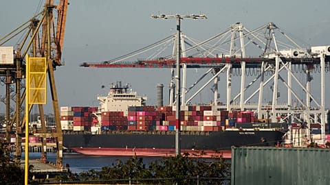 File photo - The NYK Meteor container ship is moored at the Port of Los Angeles, Wednesday, April 9, 2025, in Los Angeles.