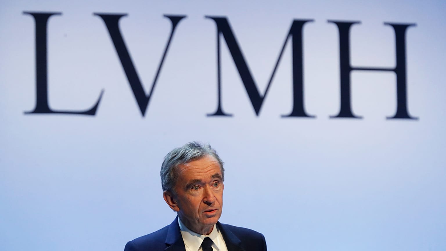 CEO of LVMH Bernard Arnault presents the group's 2019 results during a press conference, in Paris. 28 January 2020.