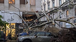 A tree fell on parked cars in Milan due to strong winds and rain (17 April 2025).