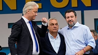 Geert Wilders a holland Szabadságpárt vezetője, Orbán Viktor magyar miniszterelnök és Matteo Salvini, az olasz LIga vezetője