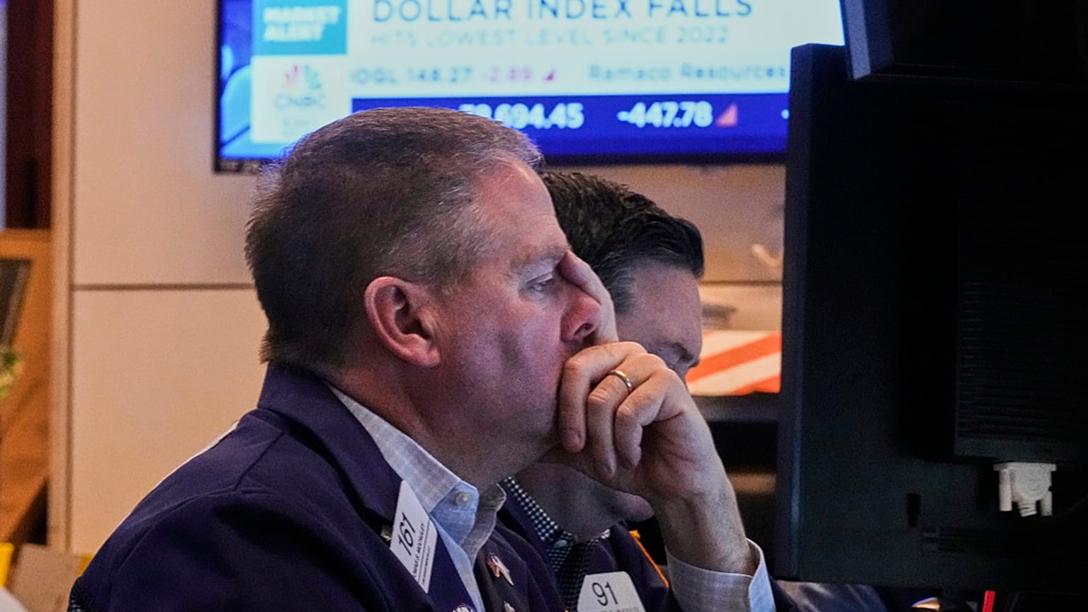 rader Thomas McCauley works on the floor of the New York Stock Exchange, Monday, April 21, 2025. 