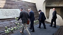 Representatives of the Jewish community lay flowers at the monument commemorating victims of the Jasenovac concentration camp, 22 April, 2025