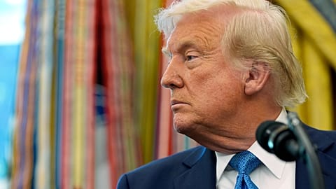 US President Donald Trump in the Oval Office of the White House, Tuesday, April 22, 2025, in Washington. 