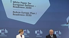 Kaja Kallas und Andrius Kubilius bei einer Medienkonferenz zum REARM Europe Plan in Brüssel, März 19, 2025.