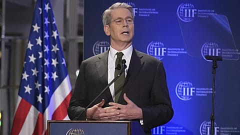 Treasury Secretary Scott Bessent speaks, Wednesday, April 23, 2025, during the Institute of International Finance Global Outlook Forum at the Willard Hotel in Washington