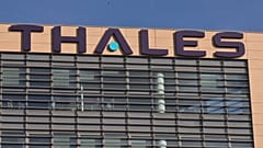 The logo of French defense and aerospace equipment maker Thales SA is pictured in Velizy, outside Paris, France, Wednesday, Sept. 20, 2017. 