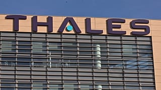 The logo of French defense and aerospace equipment maker Thales SA is pictured in Velizy, outside Paris, France, Wednesday, Sept. 20, 2017. 