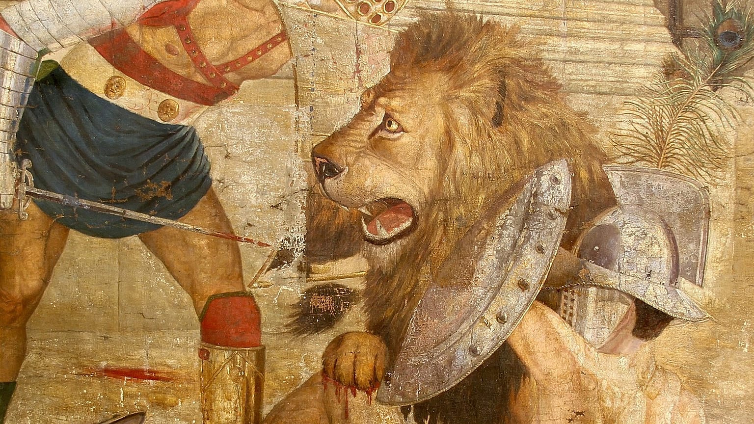 Ein Murmillo-Gladiator kämpft im Kolosseum gegen einen Berberlöwen, gemalt von einem Ateliermaler von Firmin Didot.