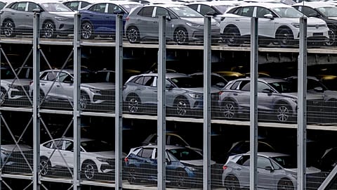 Electric vehicles produced by Volkswagen Saxony park before on the Zwickau plant premises in Zwickau, eastern Germany, Thursday, Sept. 14, 2023. 