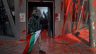 Демонстрант с болгарским флагом идет перед офисом комиссии ЕС в Софии во время националистических протестов, 22 февраля 2025 года.