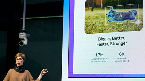 Joelle Pineau, Vice President AI Research, speaks at the at the Meta AI Day in London, Tuesday, April 9, 2024.