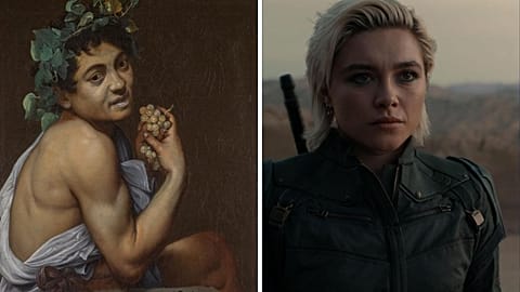 Caravaggio's Self Portrait as Bacchus, 1593-4; Florence Pugh in 'Thunderbolts*'.