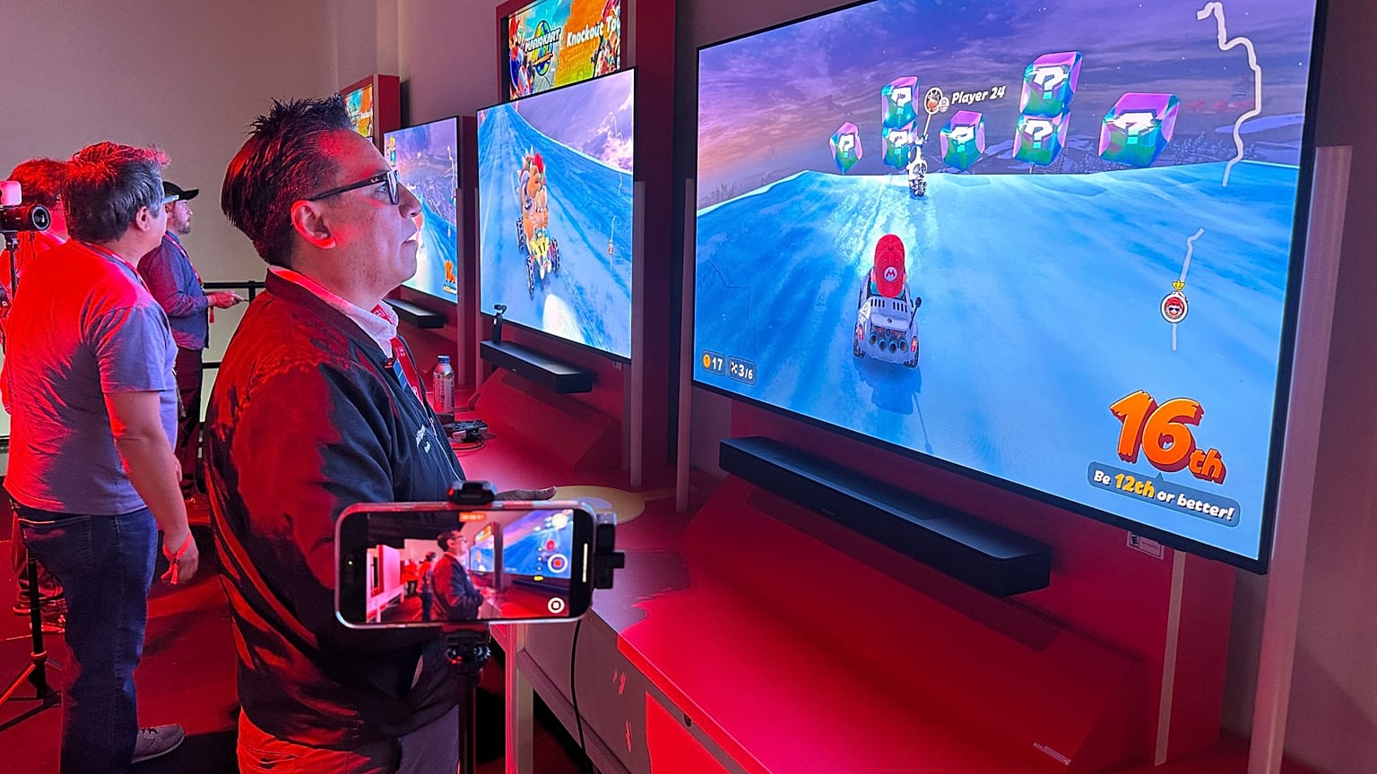 People play Mario Kart World on the new Nintendo Switch 2 video gaming console at a media preview event in New York on Wednesday, April 2, 2025. 