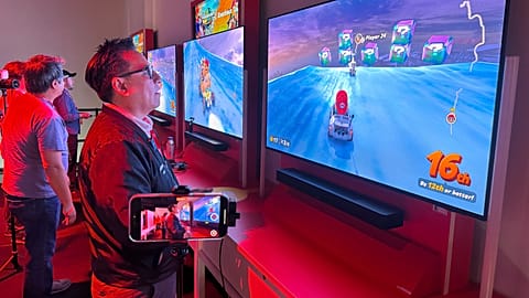 People play Mario Kart World on the new Nintendo Switch 2 video gaming console at a media preview event in New York on Wednesday, April 2, 2025. 