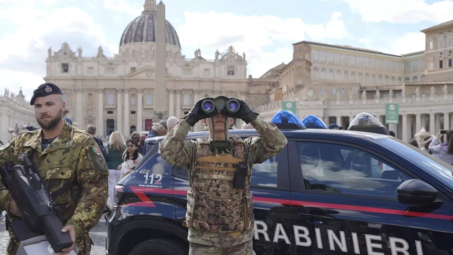 An Italian army anti-drone unit patrols St. Peter's Square in the Vatican, 24 April 2025