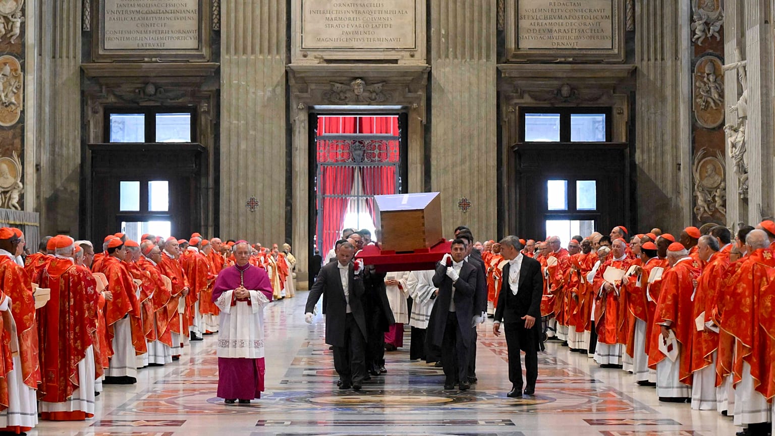 The coffin of Pope Francis is carried inside St Mary Major Basilica for his burial ceremony, in Rome, 26 April 2025