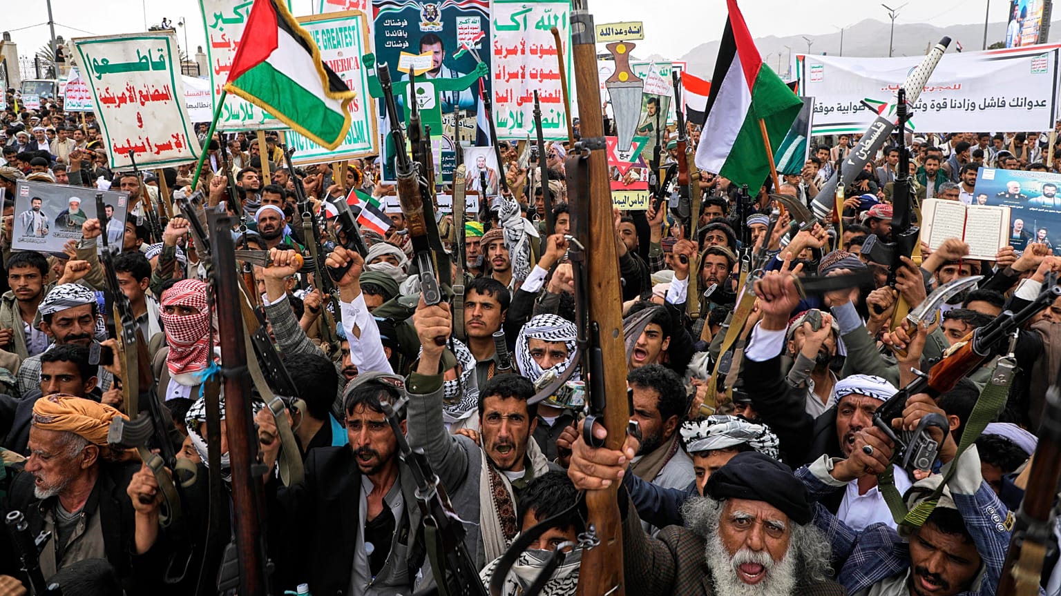 Houthi supporters chant slogans during a weekly anti-US rally in Sanaa, 18 April, 2025