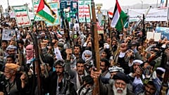 Houthi supporters chant slogans during a weekly anti-US rally in Sanaa, 18 April, 2025